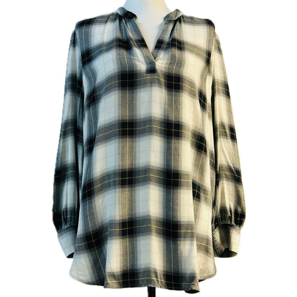 Loft Popover Split V-Neck Long Sleeve Tunic Top Women Lp White Black Gold Plaid